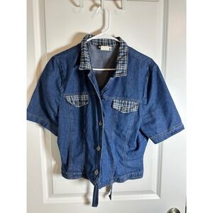 Vintage Nina Piccalino Denim‎ Plaid Collar Tie Waist Short Sleeve Top